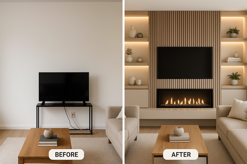 Before and after media wall with recessed TV and LED lighting