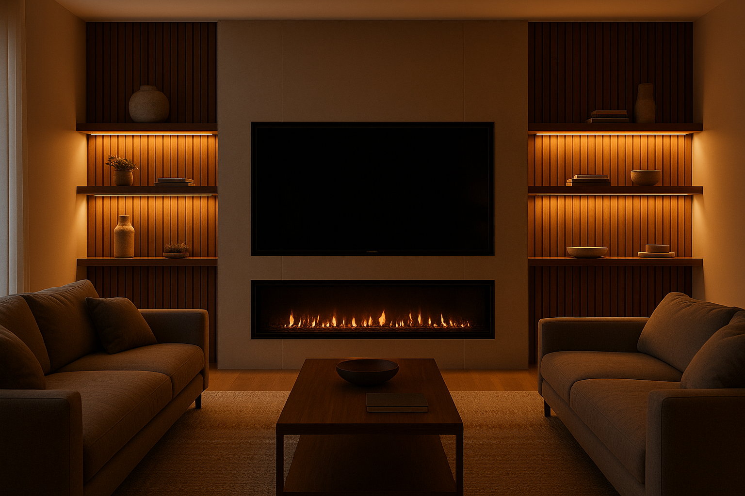 Modern media wall with recessed TV and ambient LED lighting